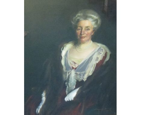 SIR OSWALD BIRLEY, M.C.  R.A (1880-1952)Portrait of Marianne (wife of John Baddeley Wood), three-quarter length, wearing a wh