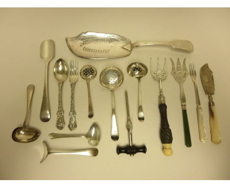 A Victorian Christening Spoon and Fork decorated birds, London 1875, maker: G Angell, a Sifting Ladle, London 1796, two other