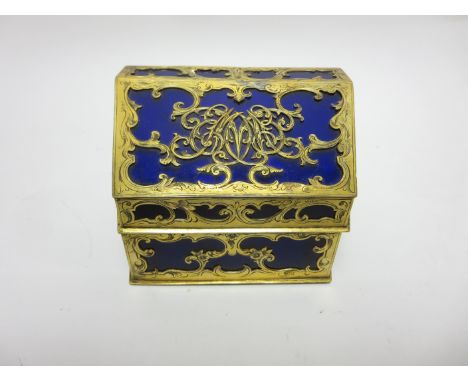 A 19th Century French Trinket Box in deep blue basse taille enamel with pierced gilt-metal framework engraved scroll work and