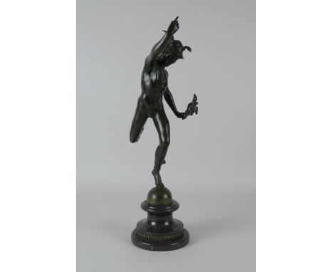 A modern bronze Sculpture of Mercury signed Giam Gologma on marble effect base, 19in H