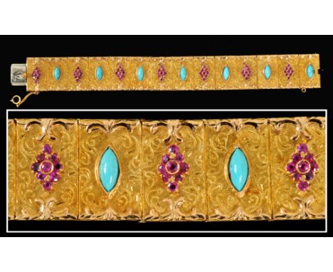 A Ruby and Turquoise Bracelet the engraved rectangular links set clusters of circular-cut rubies alternating with marquise sh