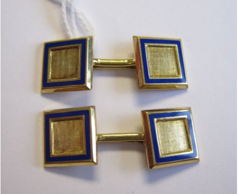 A pair of 18ct gold square Cufflinks with blue enamel borders