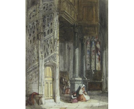 A SCRAP ALBUM containing a number of watercolours by various hands including 'Kneeling figures in a Cathedral' attributed to 