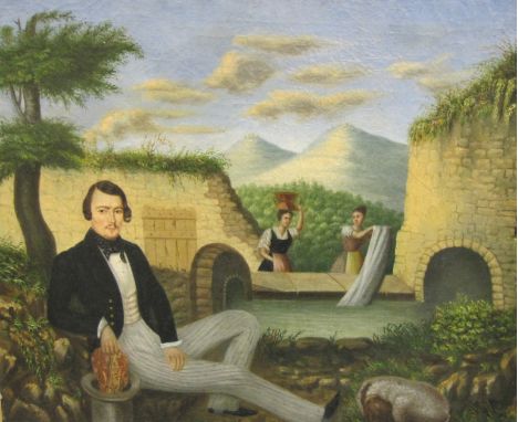 CONTINENTAL SCHOOL, 19th CenturyPortrait of a Plantation Owner, with two servants washing linen nearby, a mountain landscape 