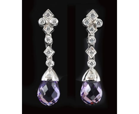 A pair of Diamond and Amethyst Earrings each millegrain-set seven brilliant-cut diamonds suspending briolette-cut amethyst