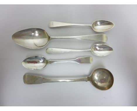 Five Scottish Provincial silver Spoons including Sauce Ladle fiddle pattern, Dumfries, maker: David Gray, a Dessert Spoon and