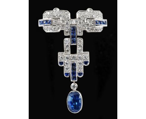 An Art Deco style Diamond and Sapphire Brooch millegrain and channel-set throughout brilliant-cut diamonds and mixed-cut sapp