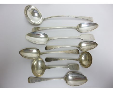 A George III silver Soup Ladle old english pattern engraved crest, two Stuffing Spoons, one old english and one fiddle patter