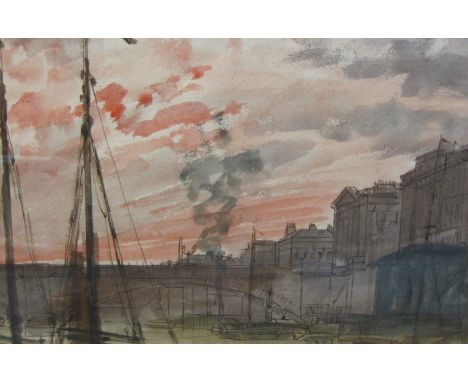 ATTRIBUTED TO JAMES HOLLAND (1799-1870)London Bridge at Sunsetpen, ink and watercolour8 1/2 x 12 1/2 in  (21.6 x 31.7cm)
