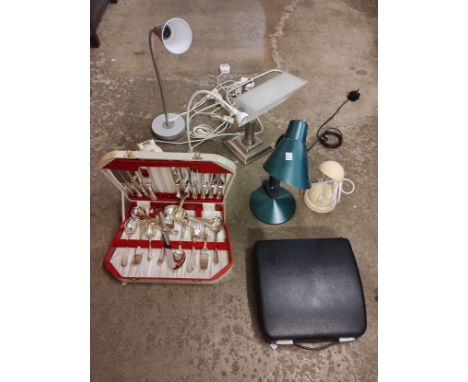 Six desk lamps, an Olympia Splendid 66 typewriter and a canteen of cutlery 