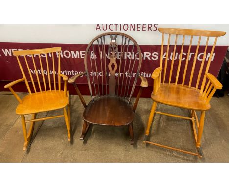 Two Scandinavian beech rocking chairs and an Ercol Golden Dawn fleur de lys rocking chair 