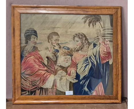A Victorian religious scene tapestry, framed 