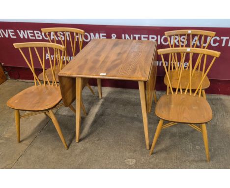 An Ercol Blonde elm and beech drop leaf table and four 376 model candlestick back chairs 