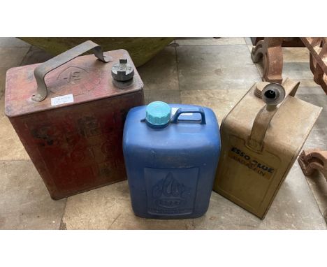 Two cans, Shell Motor Spirit and Esso Blue Paraffin and an Esso Blue container (3) 