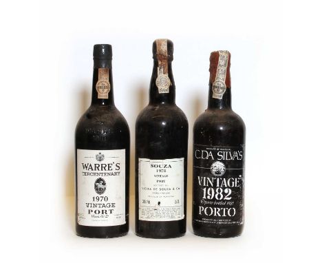 Warres, Tercentenary Vintage Port, 1970, one bottle; Dalva, Vintage Port, 1982, one bottle and Souza, Vintage Port, 1978, one