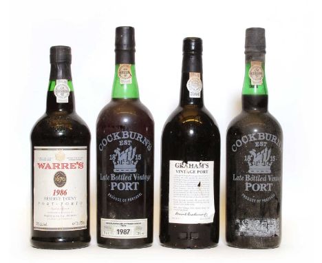 Grahams, Vintage Port, 1980, one bottle (label lacking, details on capsule); Cockburns, Late Bottled Vintage Port, 1987, two 