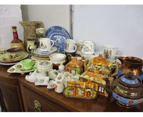 Mixed ceramics to include Myott, Poole, Cottage ware, pictorial plates and a large Hillstonia pottery jug
