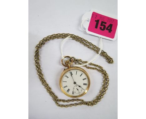 An 18ct yellow gold cased open faced ladies pocket watch, white enamel Roman dial with off set seconds at 6, on a gold plated