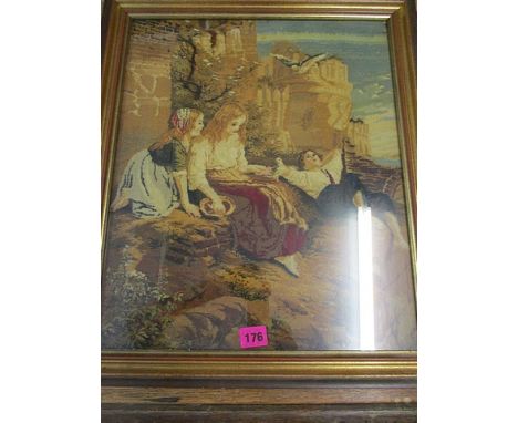 A tapestry depicting children resting on rocks, framed and glazed