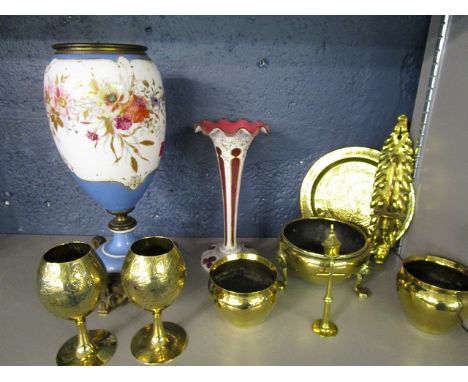 A Victorian porcelain and gilt brass oil lamp base, a Bohemian overlaid opal over ruby glass lustre with gilt work and cut de