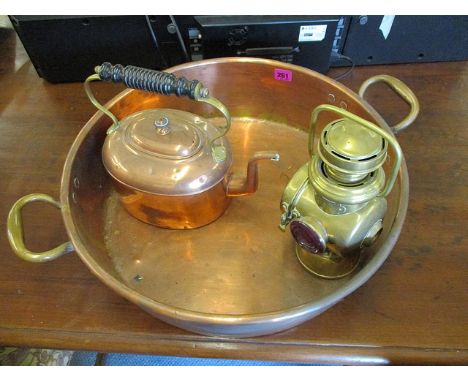 Victorian metal ware to include a copper preserve pan, a car lamp and a kettle and iron scales