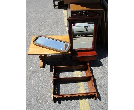 Mixed furniture to include a Victorian candle box mirror, wall shelf, oak table and a small mirror