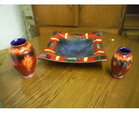 Modern Poole pottery green, yellow and red glazed dish, 16 1/2 square and two similar vases, 7 high and 9 high