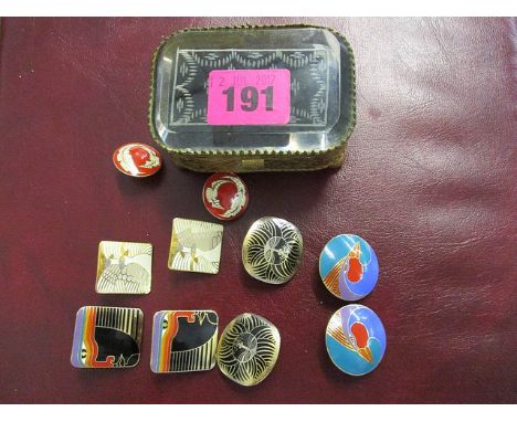 Laurel Burch, five pairs of cloisonné earrings to include Eskimo Lion and Harlequin Bird within a gilt and etched glass trink