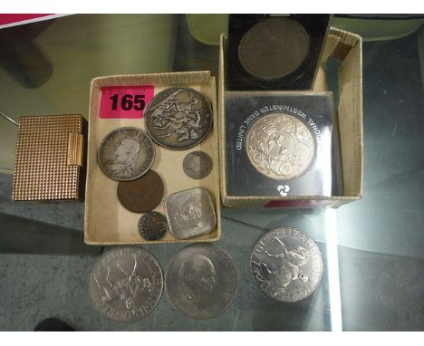 A DuPont engine turned cased lighter and coins to include an 1897 Crown and other Victorian and later examples