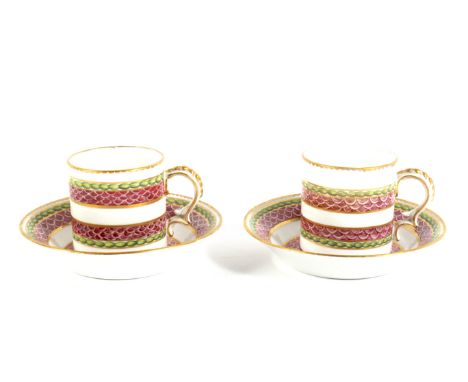 A pair of Bristol (Champions) porcelain coffee cans and saucers. Circa 1775, blue X marks, painter's blue 4 to saucers, each 