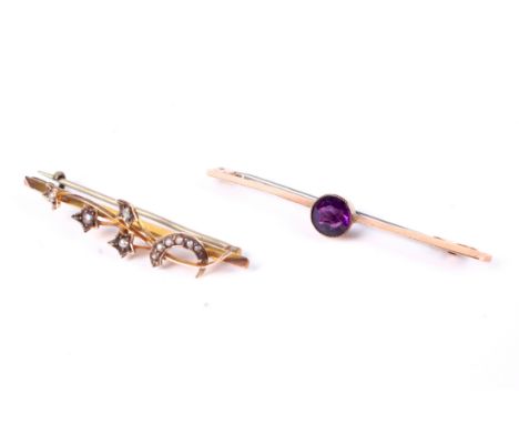 Two early 20th century gold bar brooches. One set with a round mixed-cut garnet, the knife-edge bar with an applied panel sta