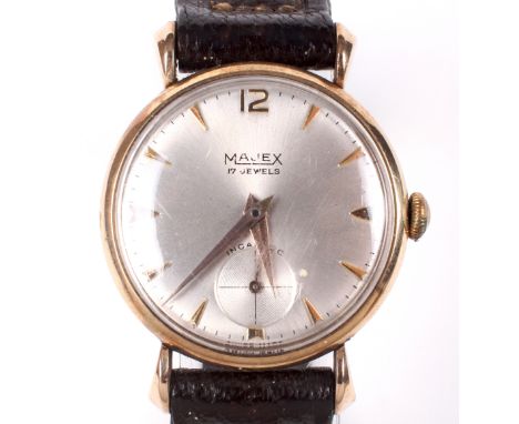 A gents 9ct gold cased Majex wristwatch. The silvered dial with gilt baton hour markers, with seconds subsidiary dial at the 