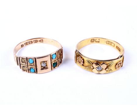 Two Victorian gold and gem set rings. Comprising an 18ct gold and small diamond single stone ring, the head in the form of a 