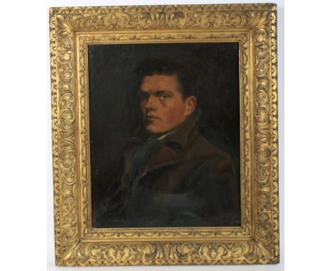 Early 20th Century School, portrait of a gentleman in brown coat, oil on canvas. Within carved giltwood frame 44cm x 54cm exc