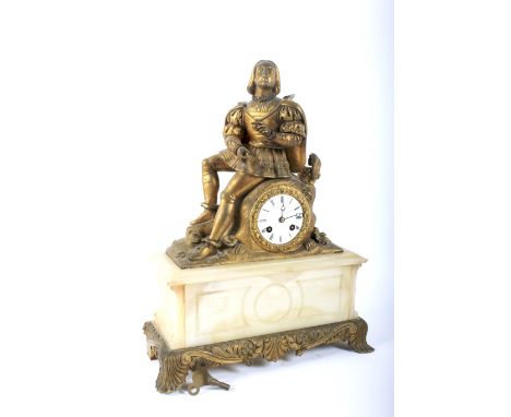 A 19th century mantel clock. The enamel dial with Roman numerals, the marble case featuring a gilt metal figure of a seated g