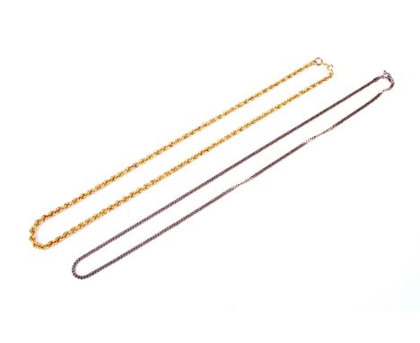 Two vintage Italian 9ct gold necklaces. The first a rope-twist necklace on a bolt-ring clasp, 44cm long. The second with a fi