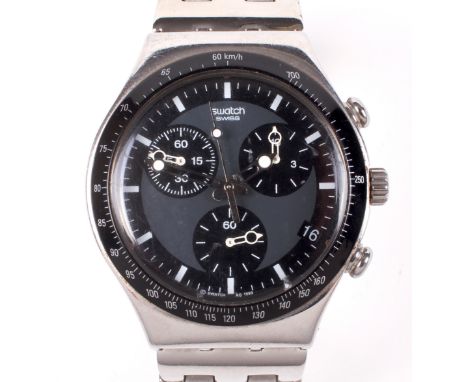 A gents stainless steel quartz Swatch Irony chronometer wristwatch. The two tone dial with white batons denoting hours, with 