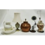 Large table lamp with circle copper base, a ceramic ginger jar and cover converted into a table
