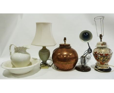 Large table lamp with circle copper base, a ceramic ginger jar and cover converted into a table lamp, a brown anglepoise lamp