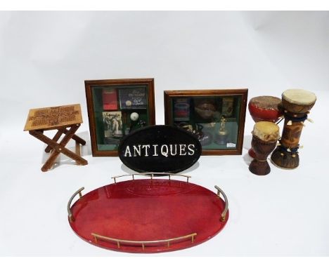 Oval red tray with part gallery, a framed footballing memento collection, assorted vases and ewers,&nbsp;etc. (2 boxes)
