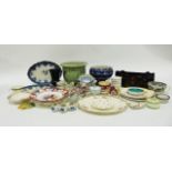 Blue and white pedestal bowl decorated with water lilies, a celadon style jardiniere, a Victorian