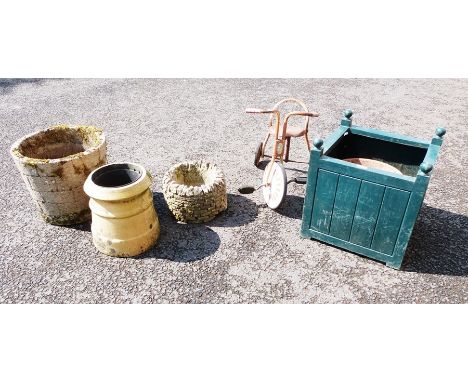 Green plastic square jardiniere, chimney pots, jardiniere, child's tricycle, terracotta planter&nbsp;and two stone-effect jar