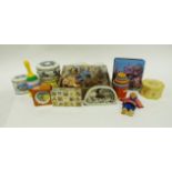 Vintage wooden jigsaw puzzle depicting a cow jumped over the moon nursery rhyme, other vintage toys,