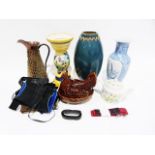 Large blue and white vase, a copper jug, a Harrod's millennium teddy bear on chair, board games,