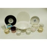 Set of blue glazed earthenware bowls, large plain white bowl, a white glazed platter and various