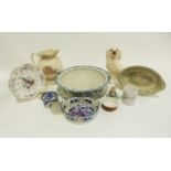 Large Staffordshire spaniel, a blue and white wash bowl, a Victorian ewer, a quantity of Adams