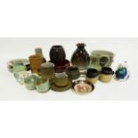 Glass vase of squat circular form, a quantity of drinking glasses, various studio pottery vases,