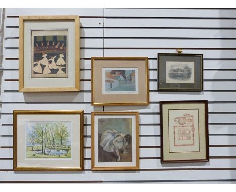Quantity of framed prints, a wooden easel, a two handled wooden tray, assorted lampshades, etc.(3 boxes)