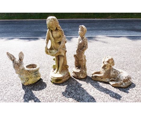 Stone-effect garden statue&nbsp;of a girl holding out her dress, 81cm high, another, smaller boy with his hands in pockets, a