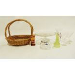 Two boxes of glassware including drinking glasses, a ruby glass vase and a wicker basket (2 boxes